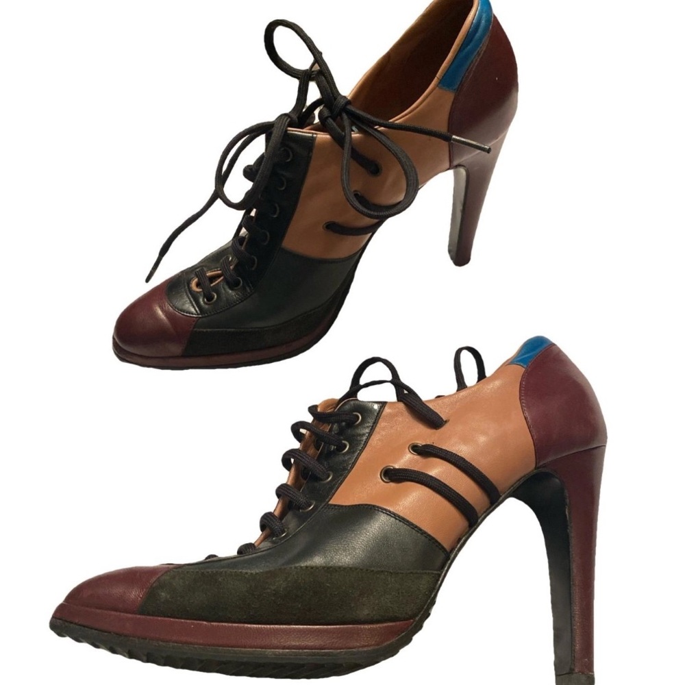 Vintage ALAIA Boots Size 37.5 Lace-Up Colorblock Leather Ankle Booties Shoes 80s